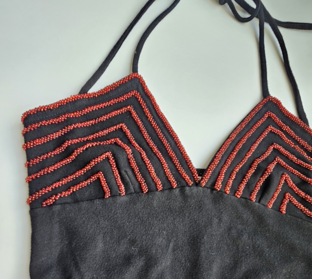 Hunza G Vintage Black With Crimson Beading Double Halter Strap Mini Dress - Picture 4 of 15